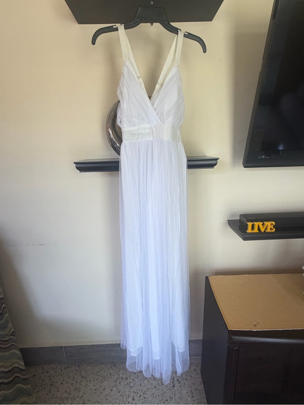 Amazon White V-Neck Sheer Overlay Maxi Dress